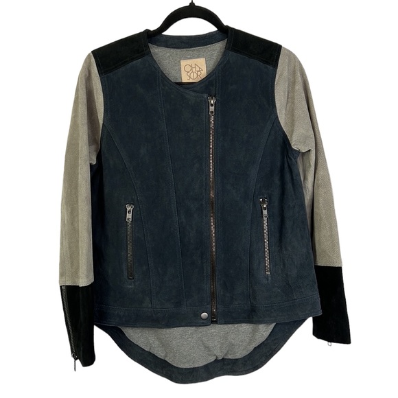 Chaser Moto Jacket Womens Medium Genuine Suede Color Block Collarless Full Zip - Picture 2 of 11
